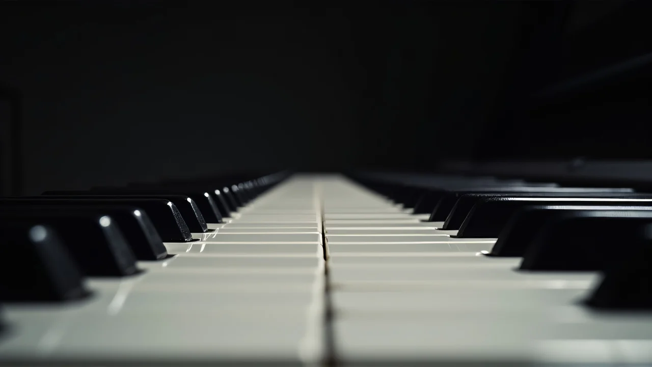 Close-up view of alternating black and white piano keys in shallow depth of field.