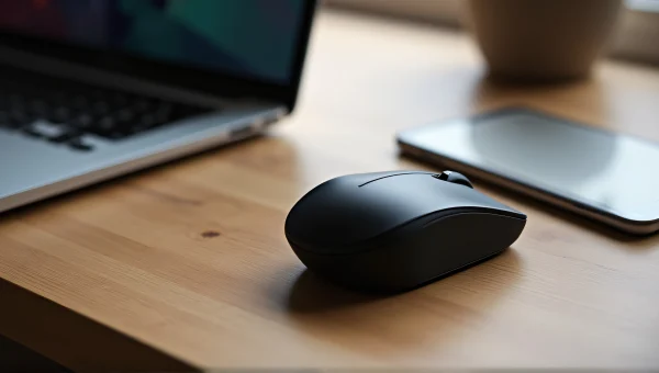 Black Wireless Mouse Next To Open Laptop On Desk