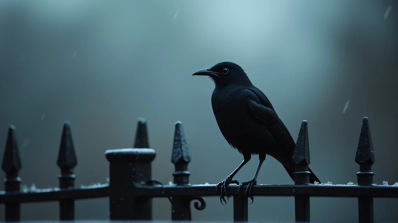 A solitary blackbird sits on a rain-slick iron fence during dusk.
