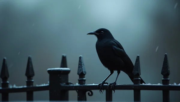 Blackbird Perched on Iron Fence at Dusk
