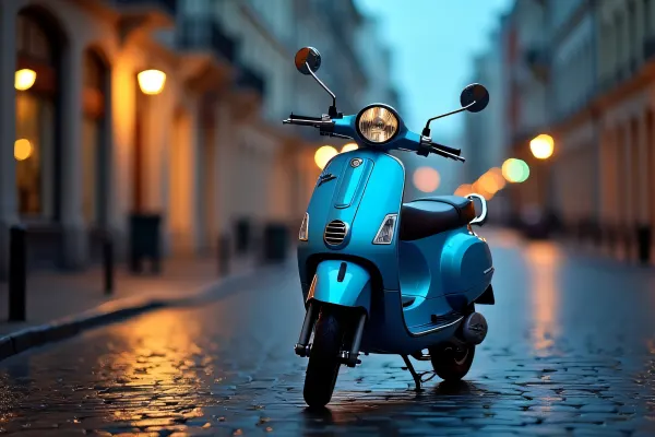 Blue Automatic Scooter Parked on Cobblestone Street