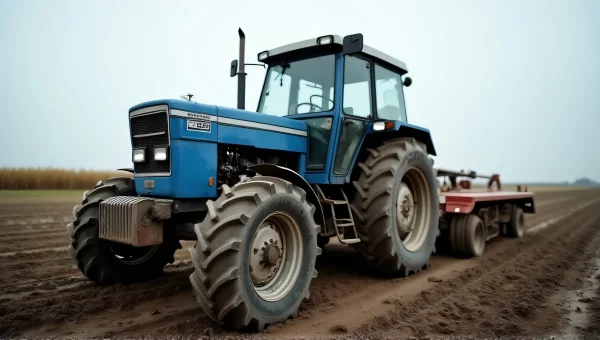 Blue Black Tractor Muddy Field Low Angle View