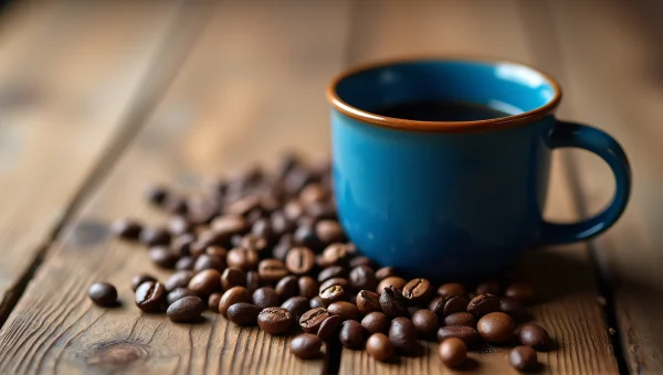 Blue Ceramic Cup With Coffee Beans On Table