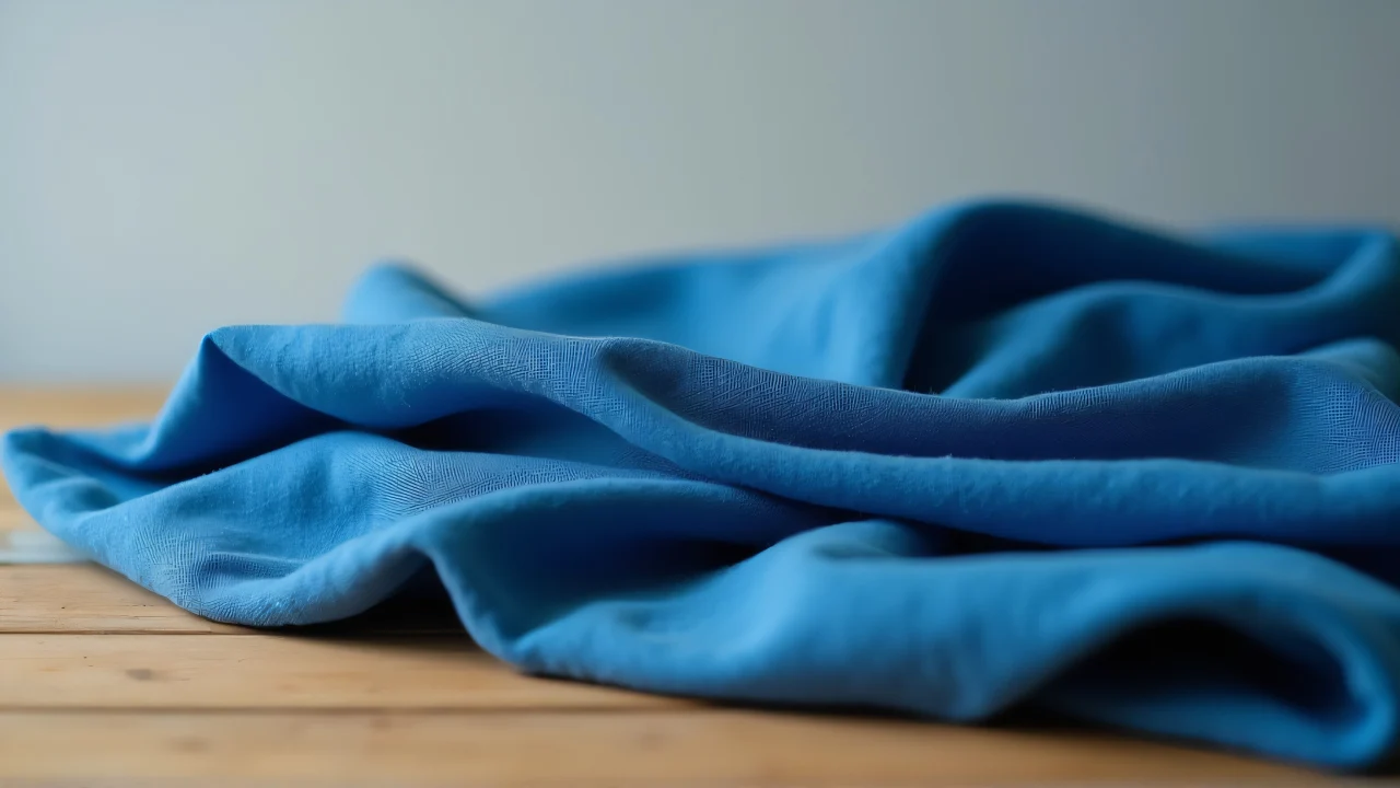 Close-up of folded blue fabric on a wooden table.