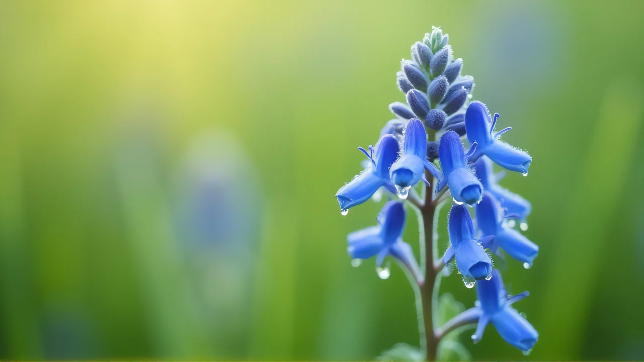 Close-up of blue flowers with dew on a slender stem in soft morning light.