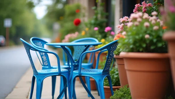 Blue Metal Bistro Sets With Potted Flowers