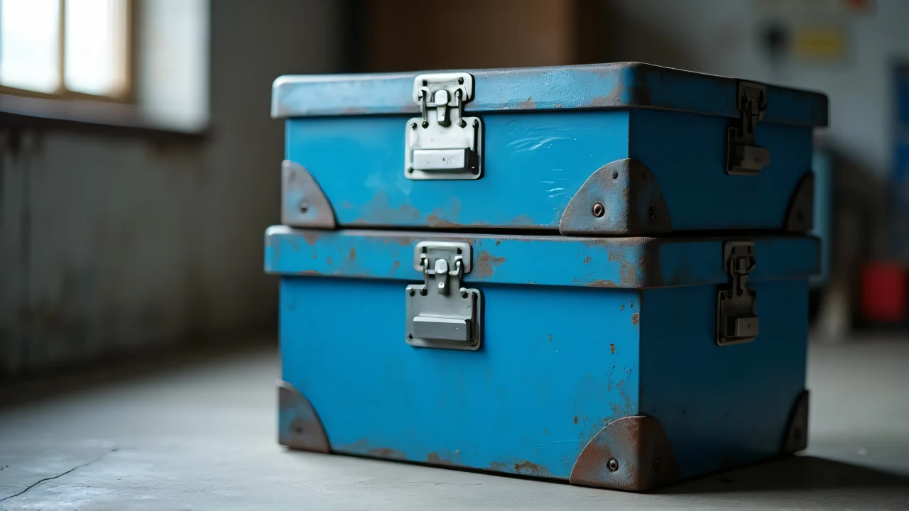 Two blue metal storage boxes stacked on a concrete floor with soft window light.