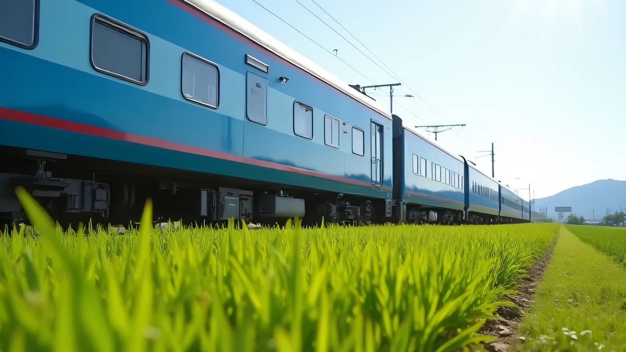 A blue passenger train parked next to a lush green grass field under midday sunlight.
