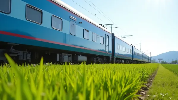 Blue Passenger Train Beside Green Grass Field