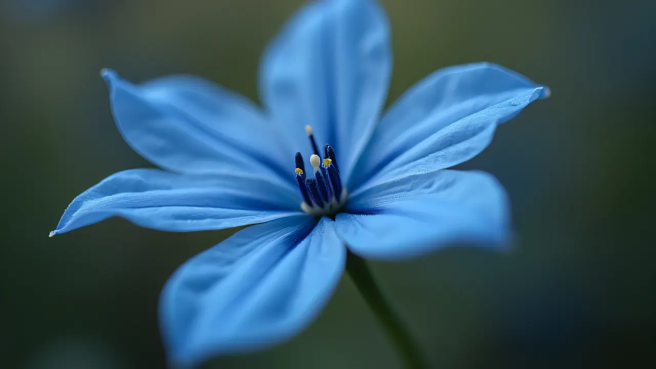 A blue petal flower captured with soft lighting, showcasing stamen details against a blurred background.