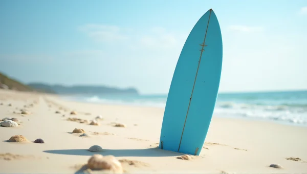 Blue Surfboard In Soft Morning Light On Beach