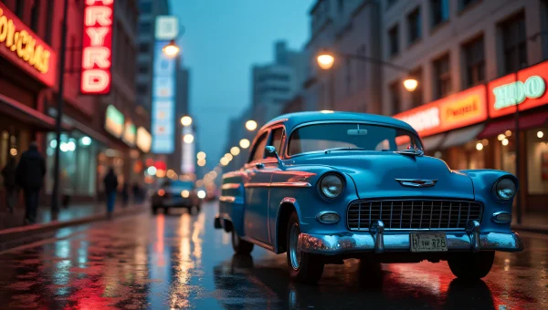 Blue Vintage Car Parked On Rainy City Street
