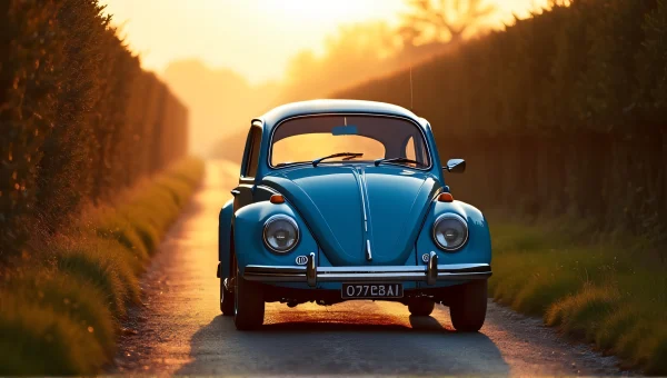 Blue Volkswagen Beetle On Country Road At Sunset