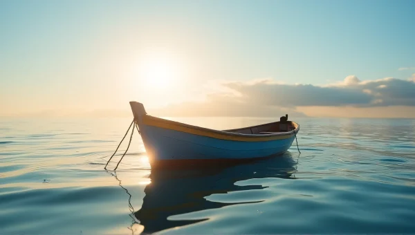 Blue Wooden Boat Drifting Calm Ocean Golden Hour