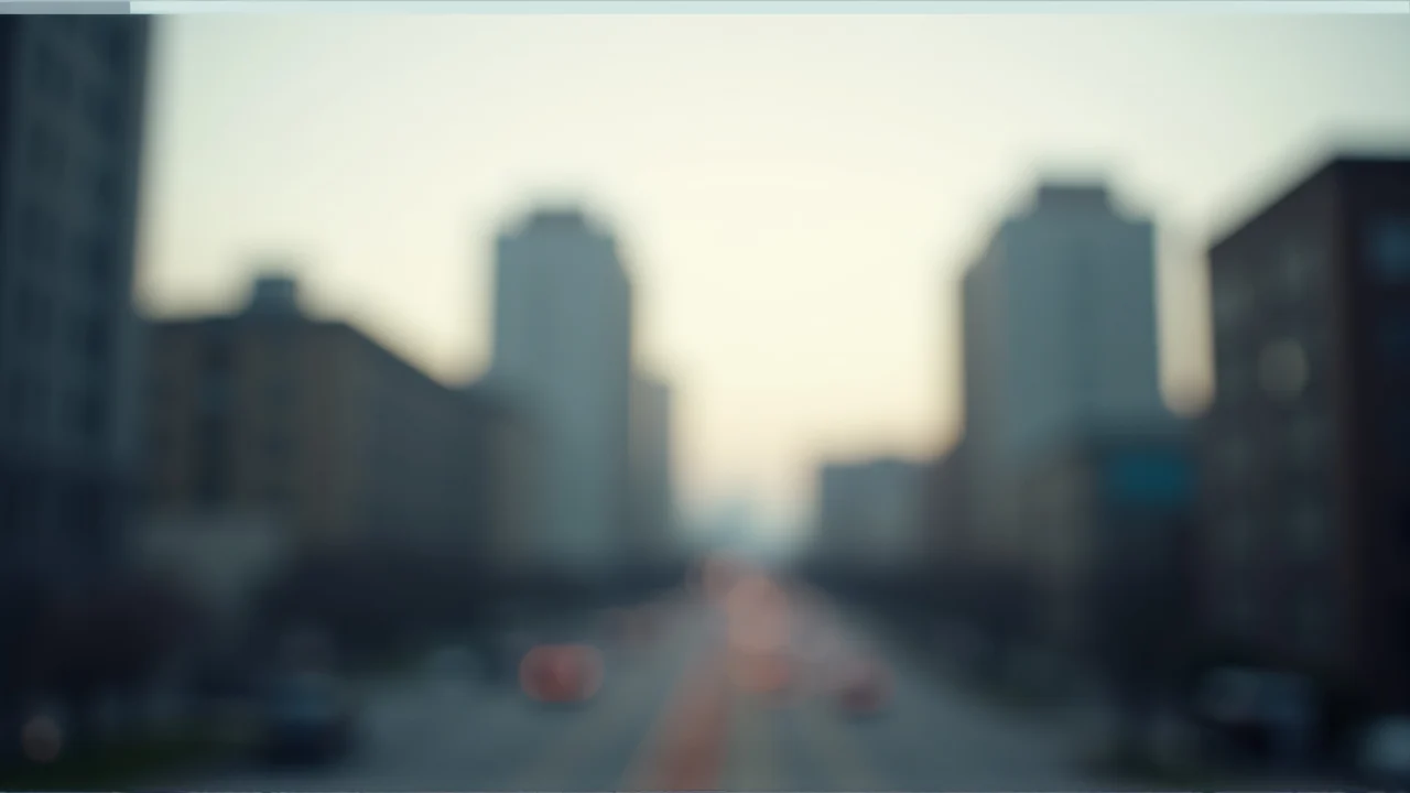 A blurred view of urban buildings with a distant skyline and soft bokeh highlights.