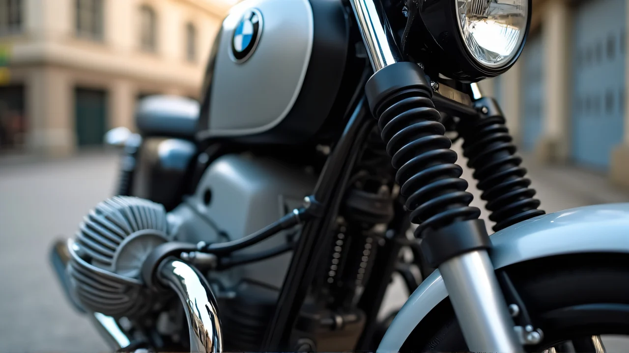 Close-up of a BMW motorcycle engine highlighting chrome details with urban background.