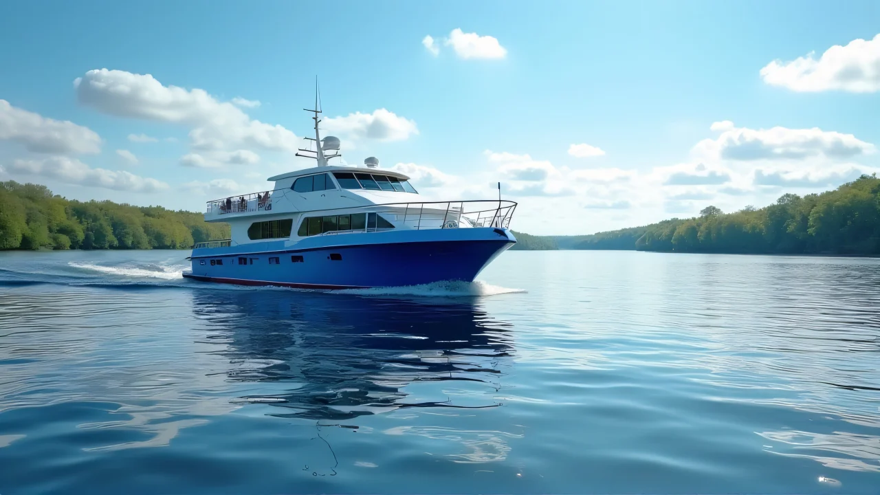 A blue and white boat crosses a river with rippling reflections and tree-lined banks.