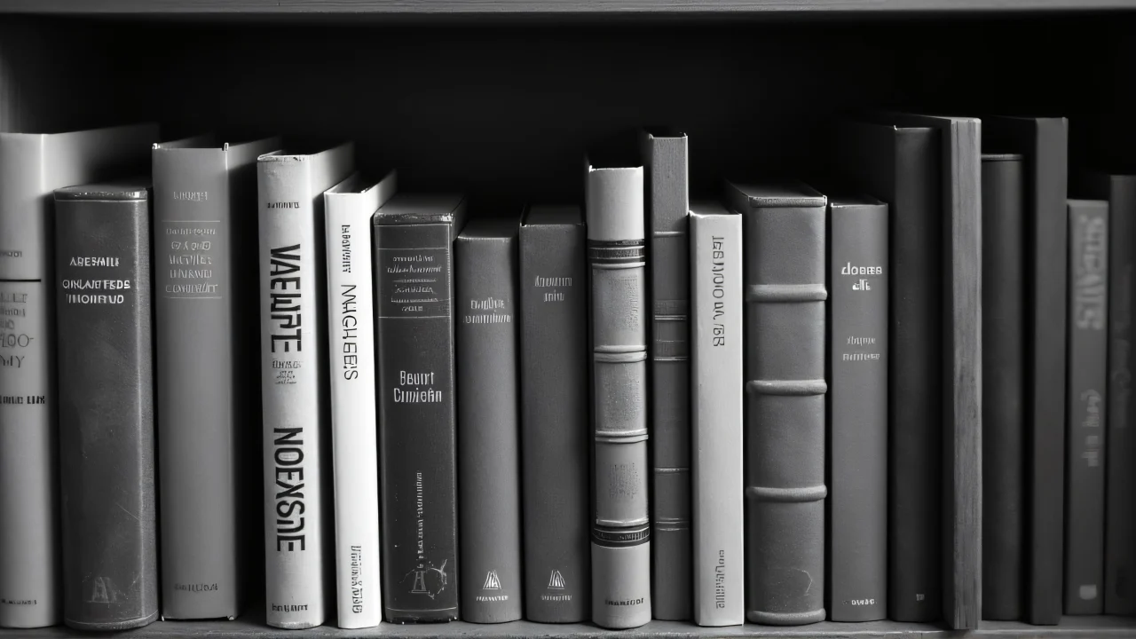 Grayscale imagegraph of various books on a wooden shelf.