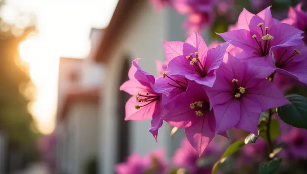 Bougainvillea Flowers Close-Up Against Sunlit Wall