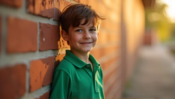 Boy in Green Polo Shirt Near Sunlit Brick Wall
