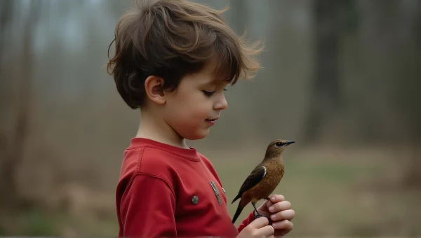 Boy Holding Brown Bird Outdoors in Red Shirt