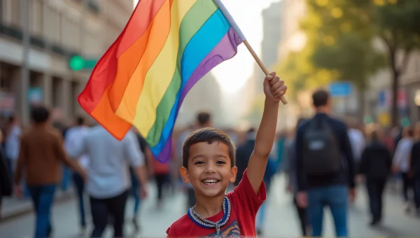 Boy Holding Rainbow Flag in City Street