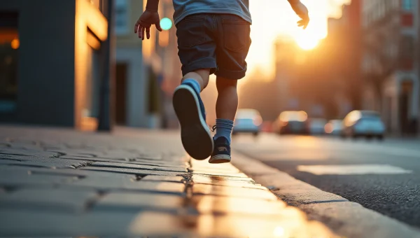 Boy Jumping Off Sidewalk Curb In Evening Light