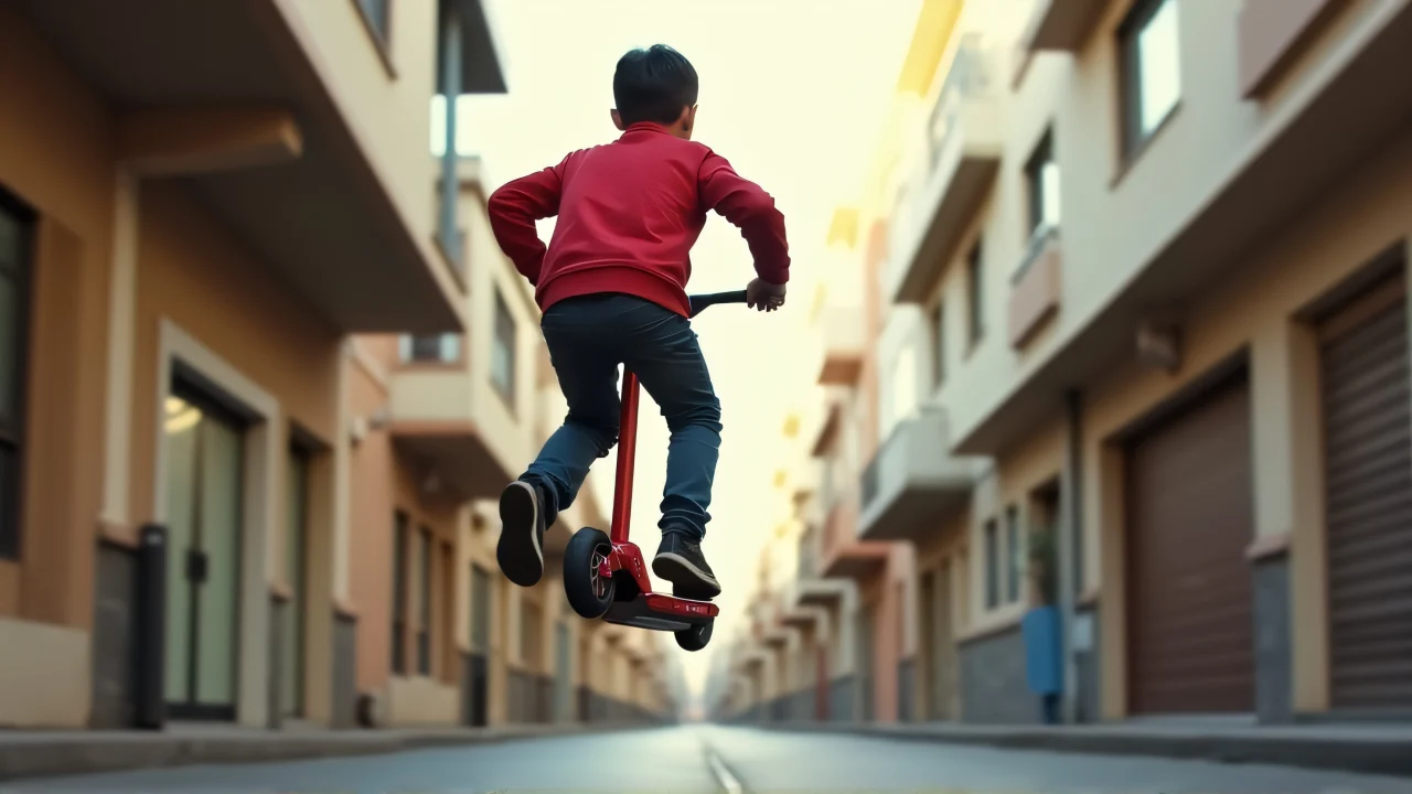 A boy riding a red and black scooter midair above an empty urban alley during the evening.