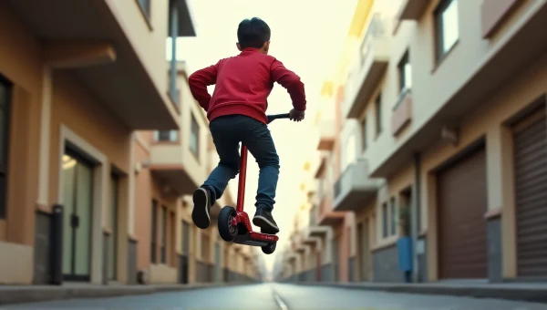 Boy Midair on Red Black Scooter in Urban Alley