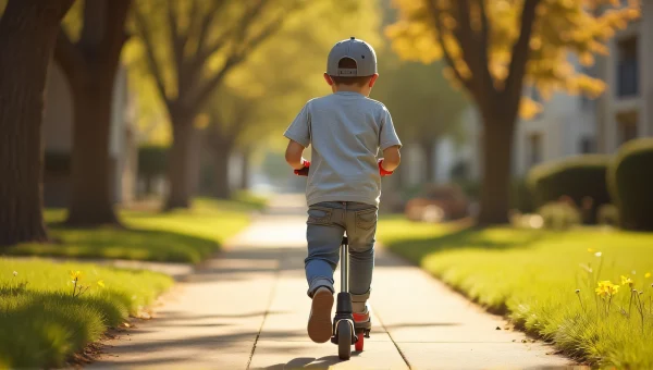Boy Riding Kick Scooter Gray Cap Suburban Sidewalk