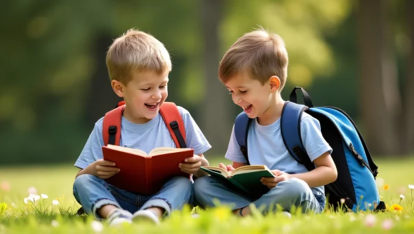 Boys Reading Books Outdoors in Daylight