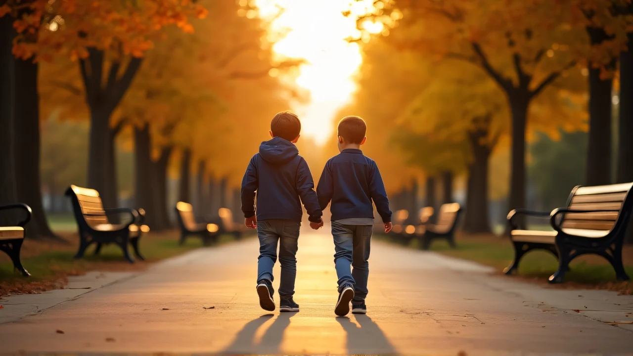 Two boys walk side-by-side in a city park during golden hour, surrounded by benches and maple trees.