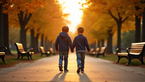 Boys Walking In City Park During Golden Hour