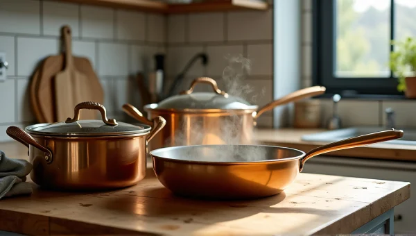 Brass Cookware Set On Reclaimed Wood Countertop