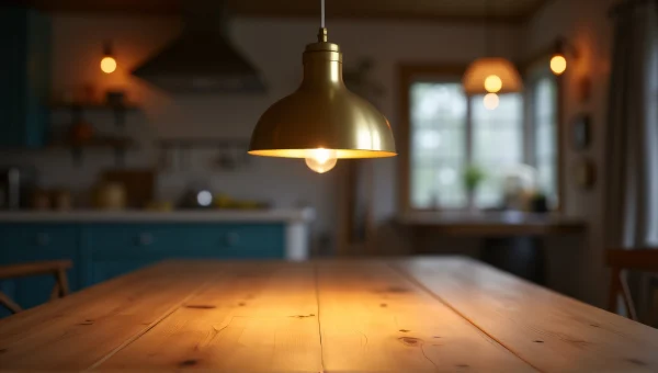 Brass Pendant Lamp Over Rustic Farmhouse Table
