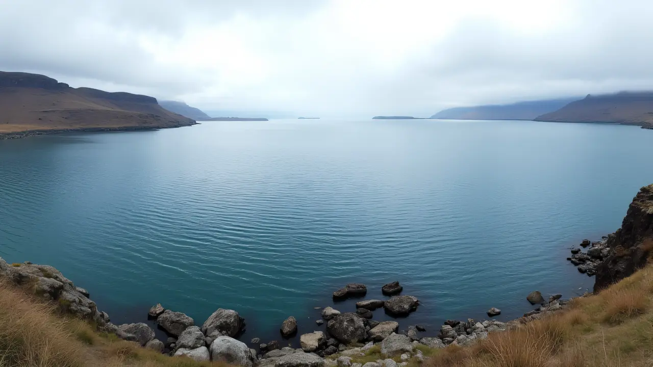 High-angle view from a cliff showcasing a broad lake with rippling water and a distant shoreline.