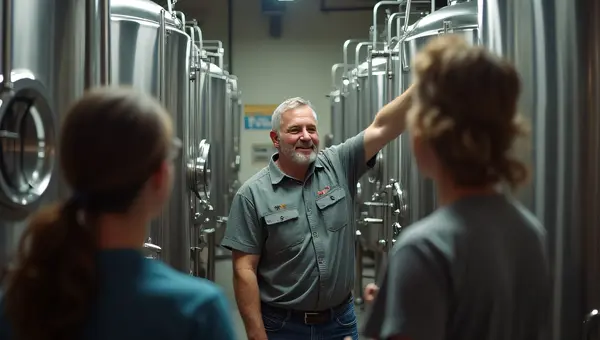 Brewery Tour Guide Explaining Stainless Steel Tanks