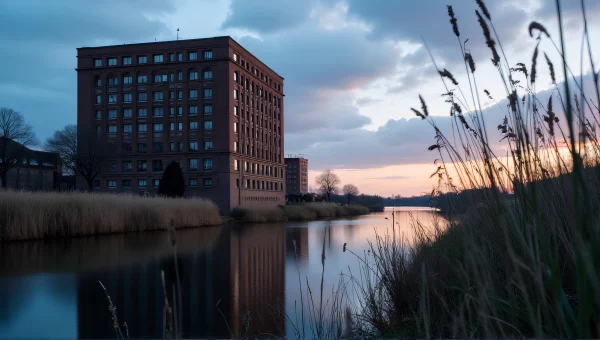 Brick Building Reflected in Calm River at Dusk