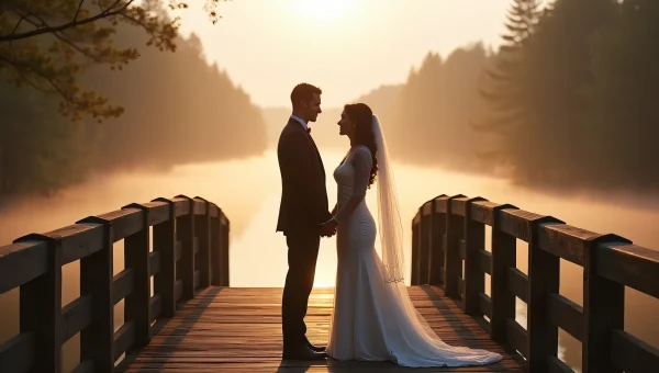 Bride And Groom Holding Hands On Wooden Bridge