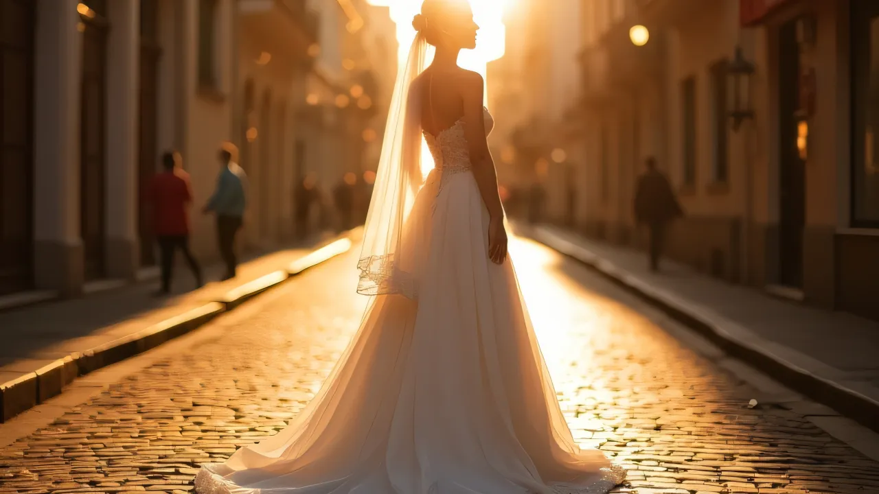 A bride in a lace wedding gown stands on a cobblestone street at golden hour.