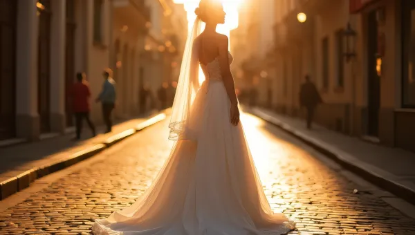 Bride Wedding Gown Cobblestone Street Golden Hour