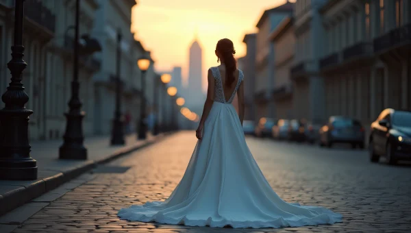 Bride in White Wedding Gown on Cobblestone Street