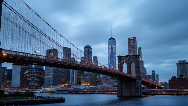 Brooklyn Bridge Dusk View from Manhattan Waterfront