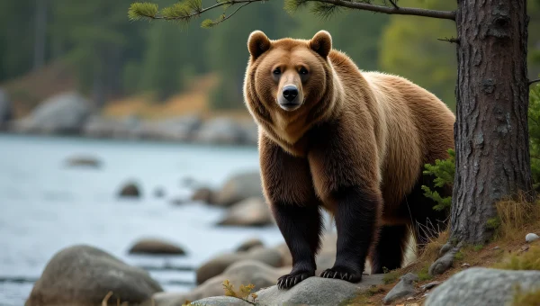 Brown Bear Standing Near Pine Tree Riverbank