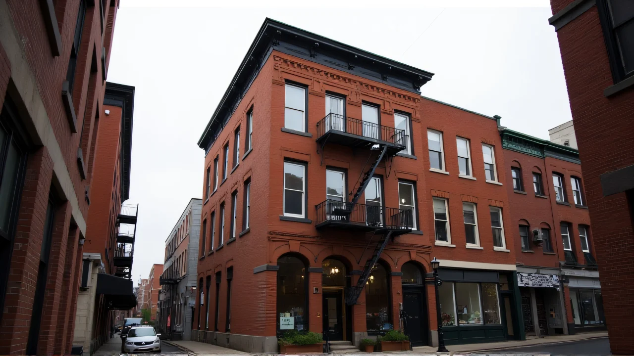 Three-story brown brick building with a fire escape and alley view under an overcast sky.