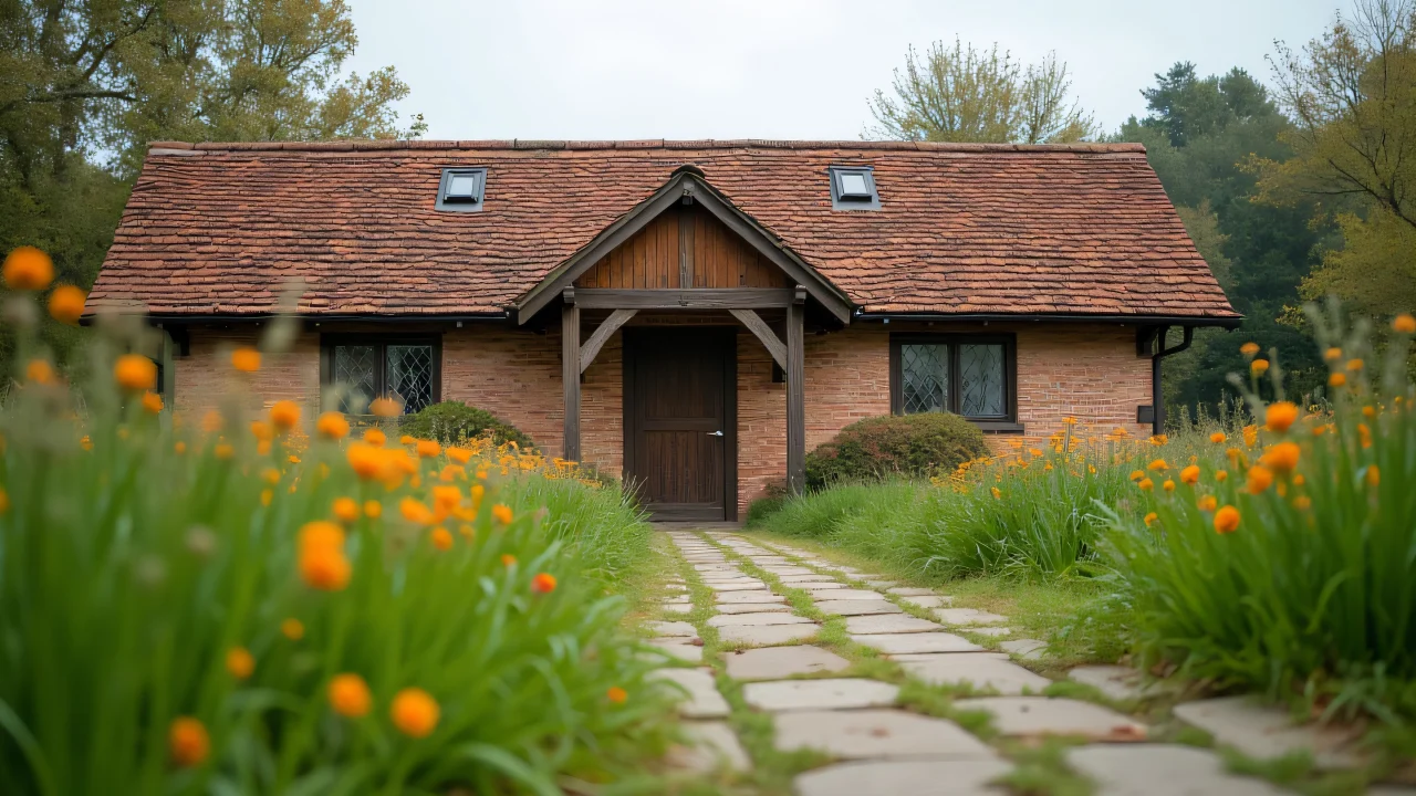 Low-angle view of a brown brick building beside grassy ground and wildflowers.