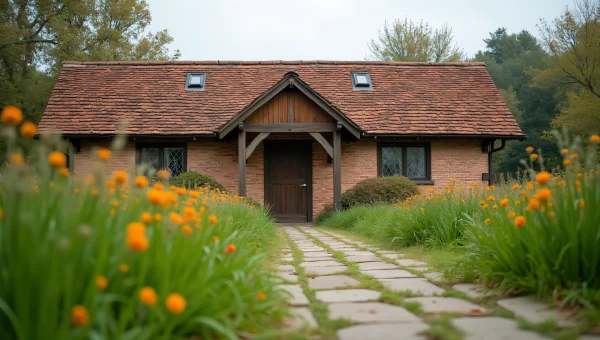 Brown Brick Building With Path And Wildflowers