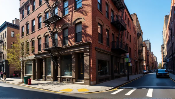 Brown Brick Building Street Corner Pedestrians