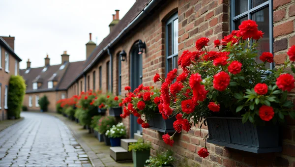 Brown Brick Houses With Flowers On Cobblestone Street