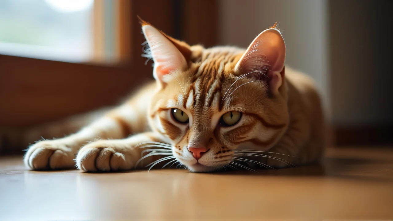A brown cat lying comfortably on a wooden floor, side-lit by natural light.